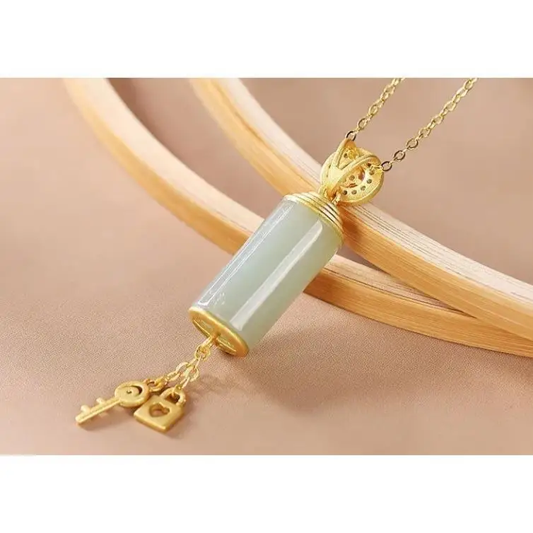 

S925 Sterling Silver Natural Hetian Jade Gray Jade Personality Cylindrical Lock All-Matching Graceful Women's Pendant Set Chain