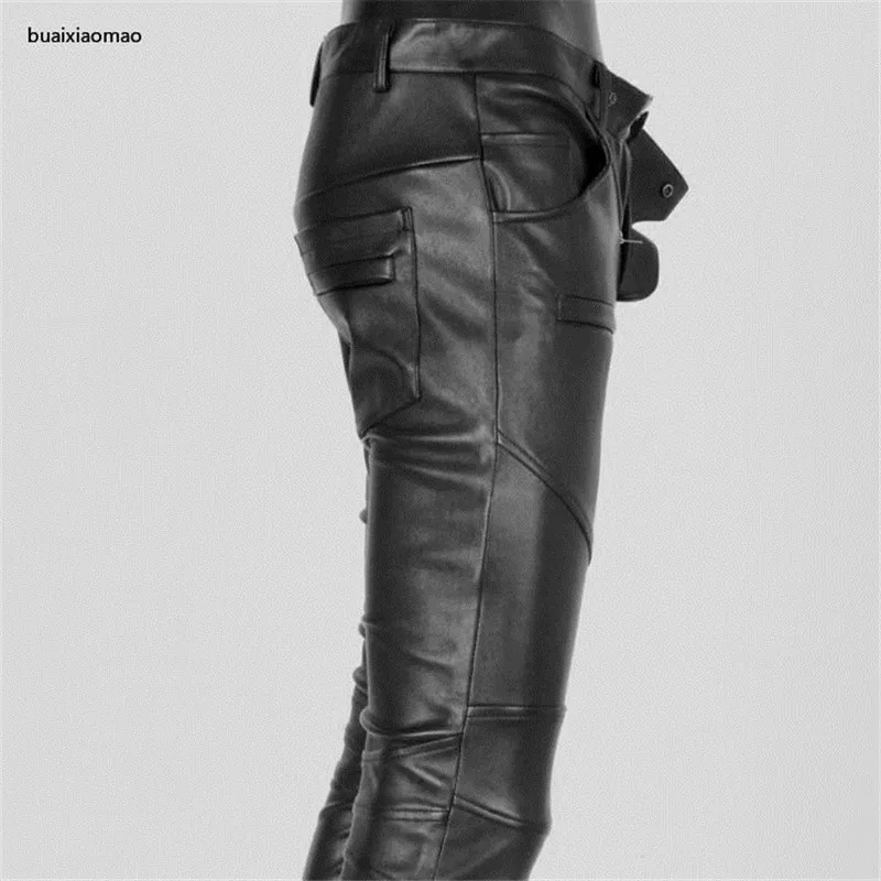 

Spring Autumn Motorcycle Faux Mens Leather Pants Feet Pants Thin Personality Pu Trousers For Men Fashion Pantalon Homme Black