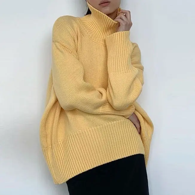 

Женский свободный джемпер с длинным рукавом, однотонный вязаный свитер с высоким воротником, Y2k, сезон осень-зима 2021