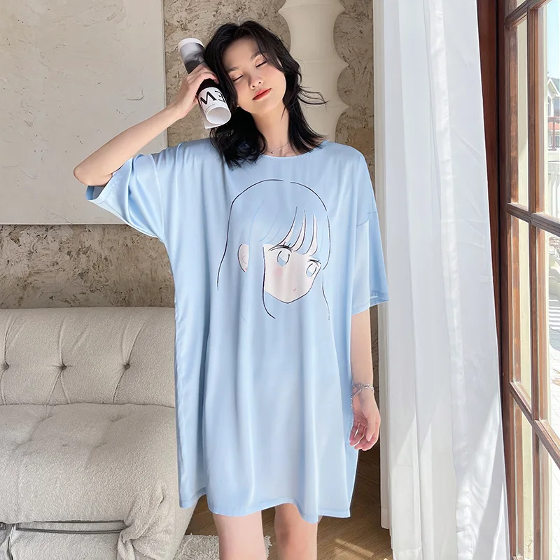 

ChunShang Pajamas Sexy Ladies Summer Satin Chiffon Large Round Neck Skirt Hedging Print Cartoon Nightdress