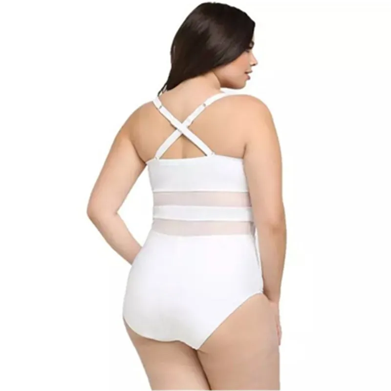 Женский сплошной купальник большие размеры черный белый сетчатый сшитый |