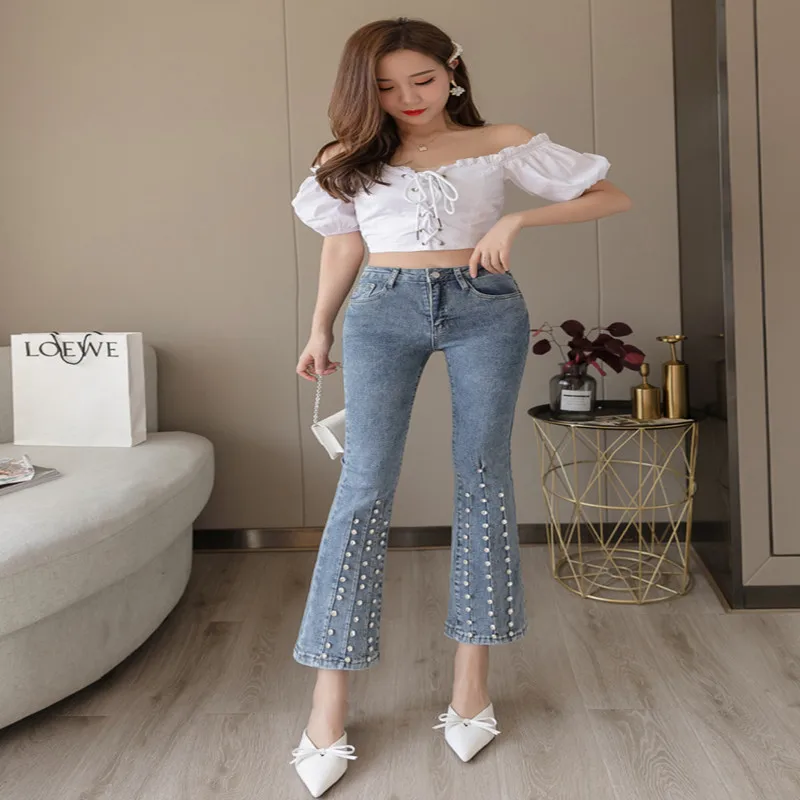 2019 женские джинсы с высокой талией весенние тонкие бисером и бриллиантами |