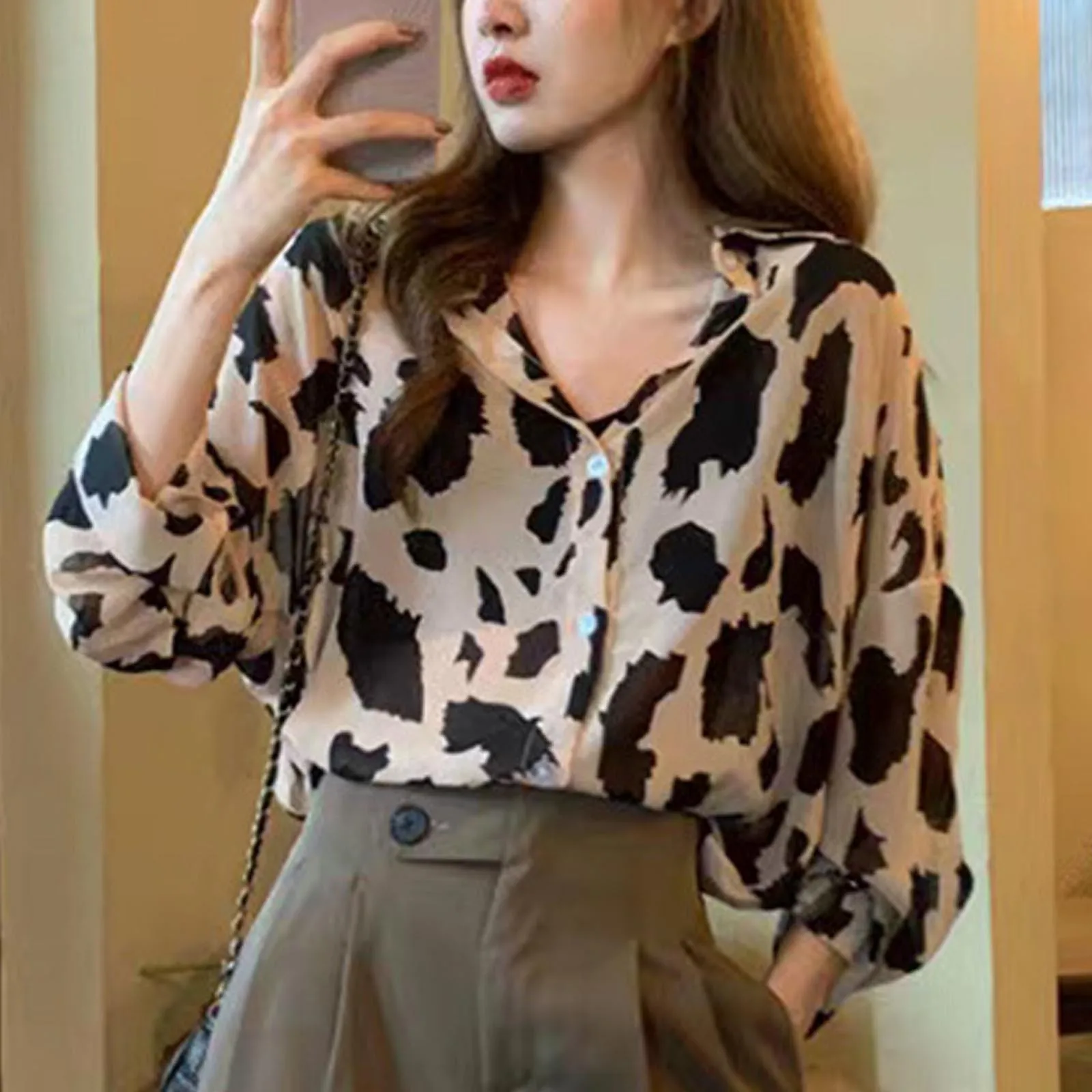 

2021 Ladies Tops Shirts Spring Blouse S-L Fashion Blouses Womens Bow Sleeve Petal Long Sleeve Printed #23