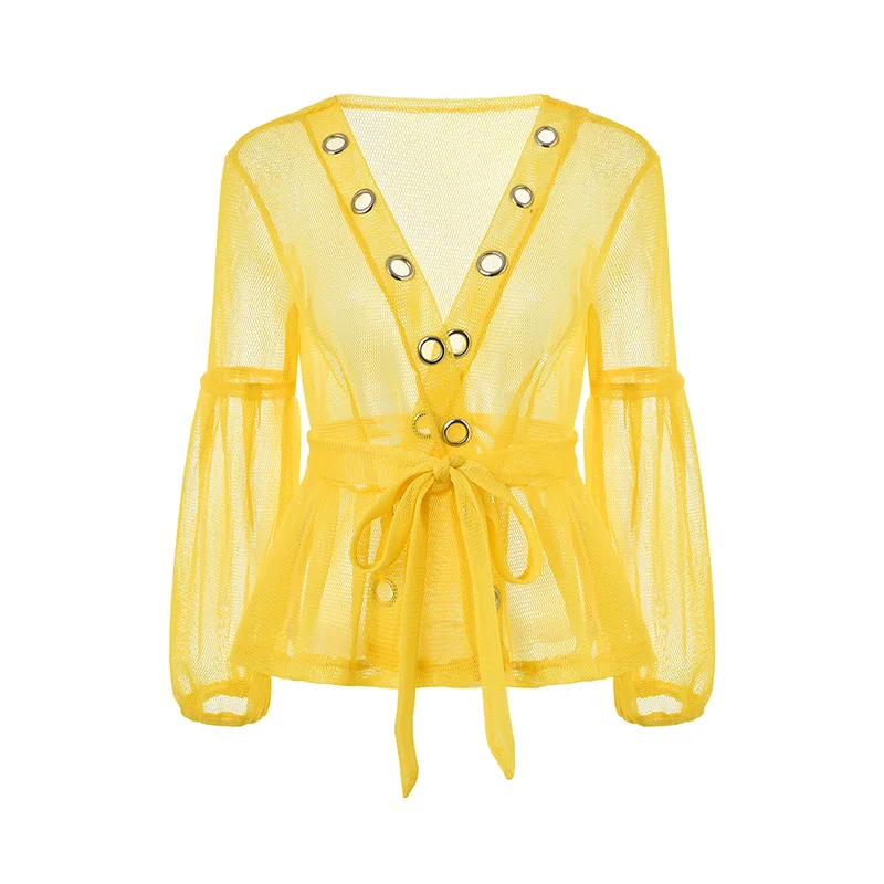 Женская желтая блузка топы Прозрачная Сексуальная Блузка с баской и поясом
