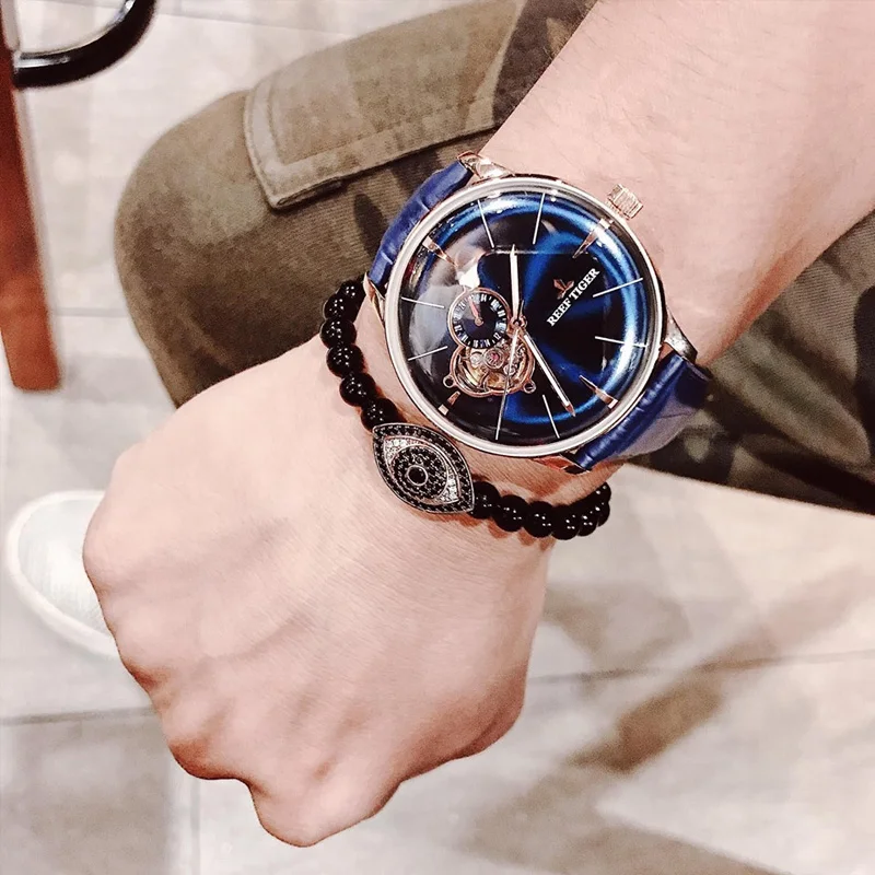 Новые выпуклые часы Reef Tiger/RT Tourbillon Мужские автоматические с линзой стальные синим