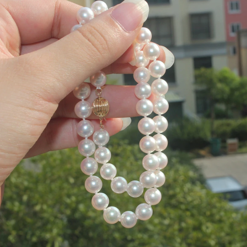 925 silver real natural big 9-10mm Akoya pearl necklace round seawater pearl necklace light 5230 send mom collares anime