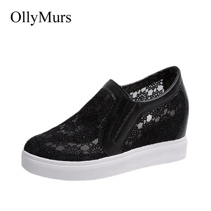 

Ollymurs lace women shoes 2021 spring summer wedges shoes for women black white breathable lace flower sneakers women loafers
