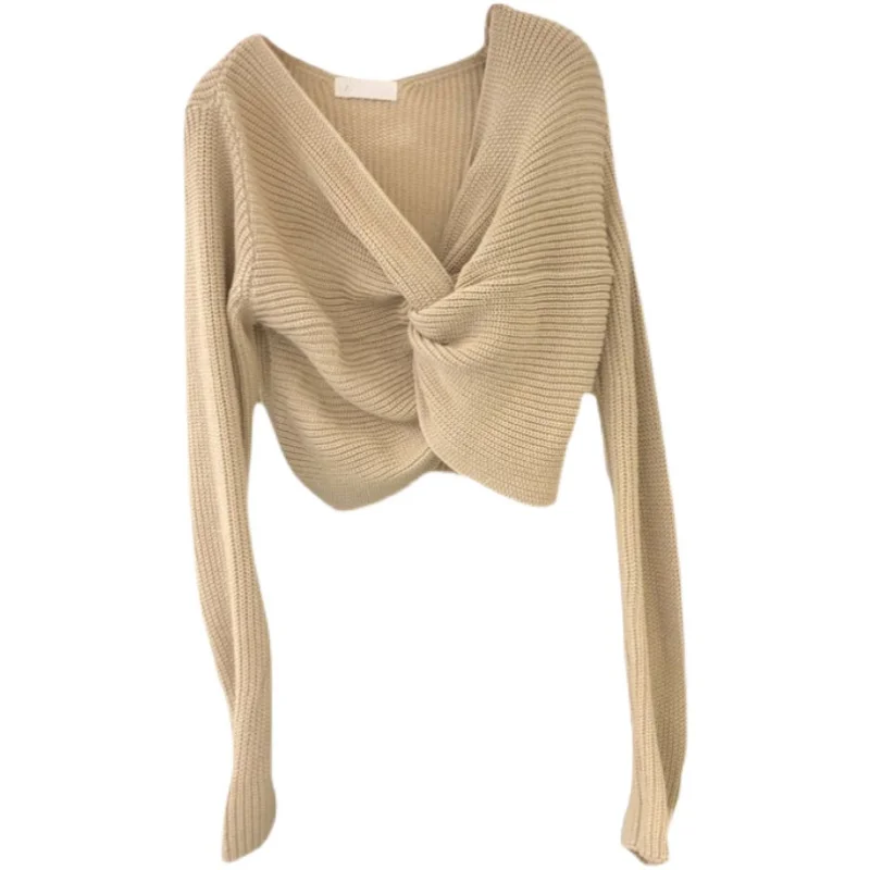

VANOVICH Korean Style Fashion Temperament Cross V-neck Thin Knit Sweater 2021 Autumn New Womens Pullovers