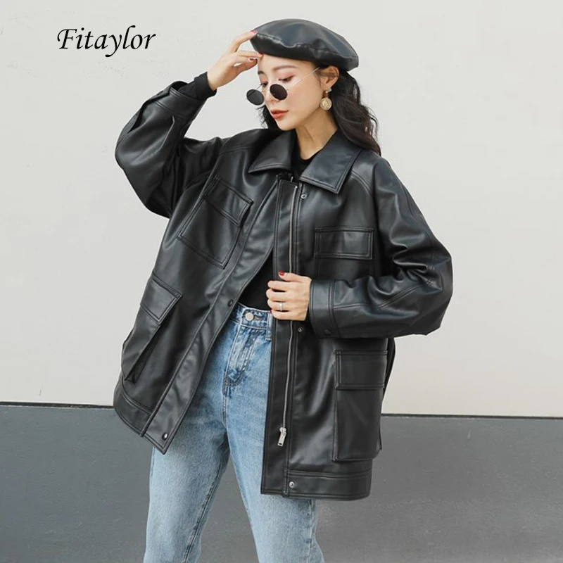 Fitaylor Осень пальто в стиле панк Новая Винтажная искусственная мягкая кожа галстук