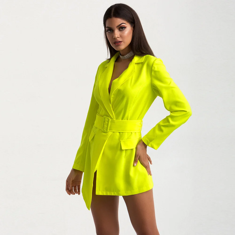 Весна 2020 новый модный флуоресцентный зеленый Женский Повседневный блейзер с