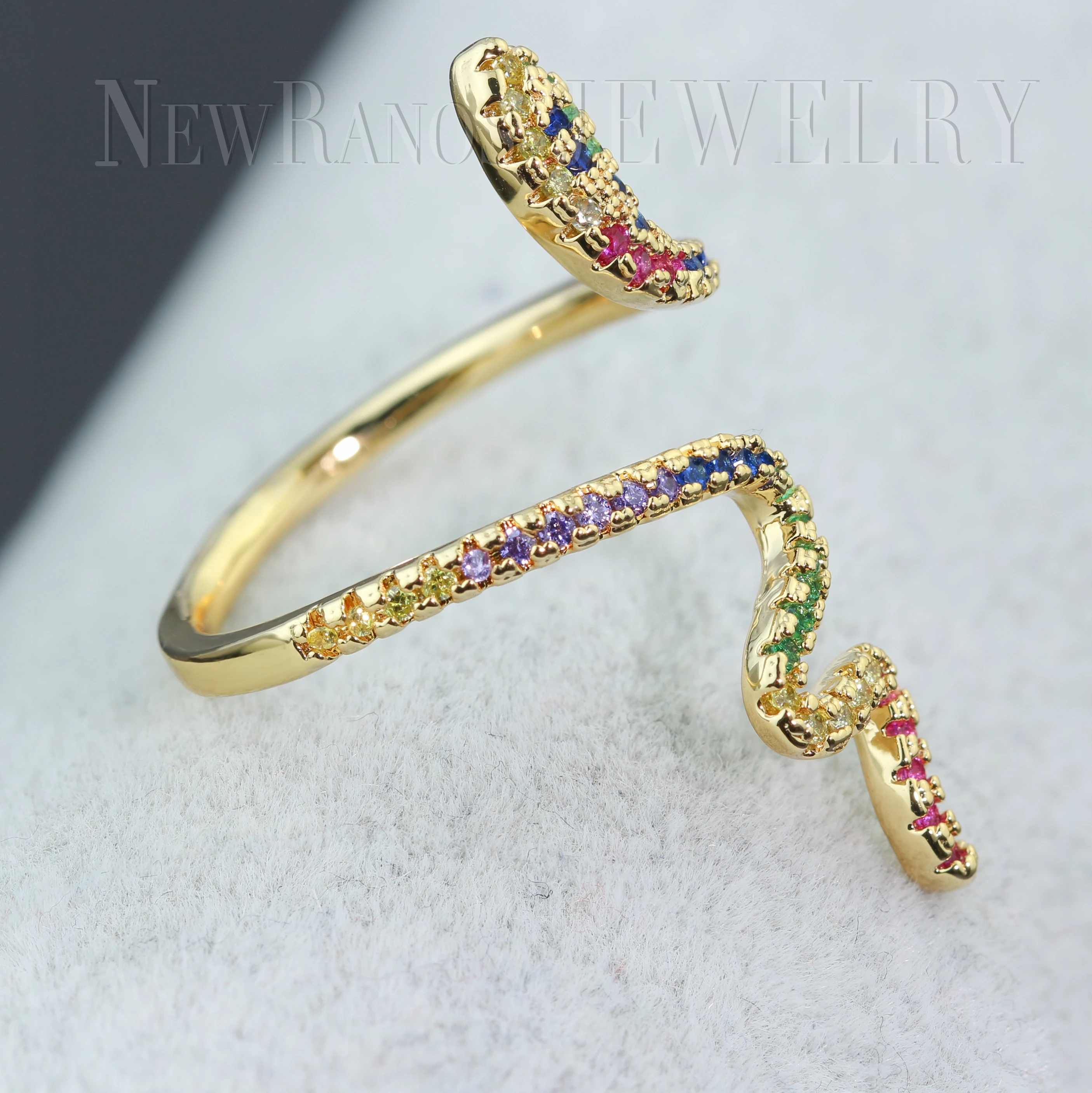 Newranos Multi Color Snake Gold Ring Rainbow Baguette AAA+ Cubic Zirconias Finger for Women Fashion Jewelry RYL003524 | Украшения и