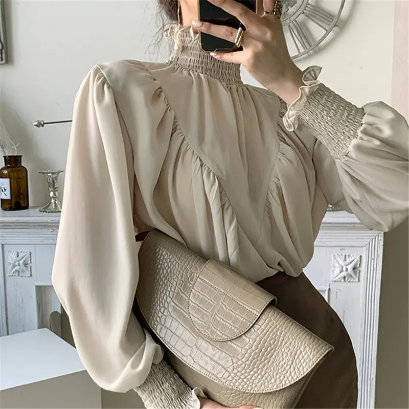 

HziriP 2021 Brief Ruffles Office Lady Solid Stand Elegance Lantern Sleeves All Match Stylish New Streetwear Loose Tops Blouses