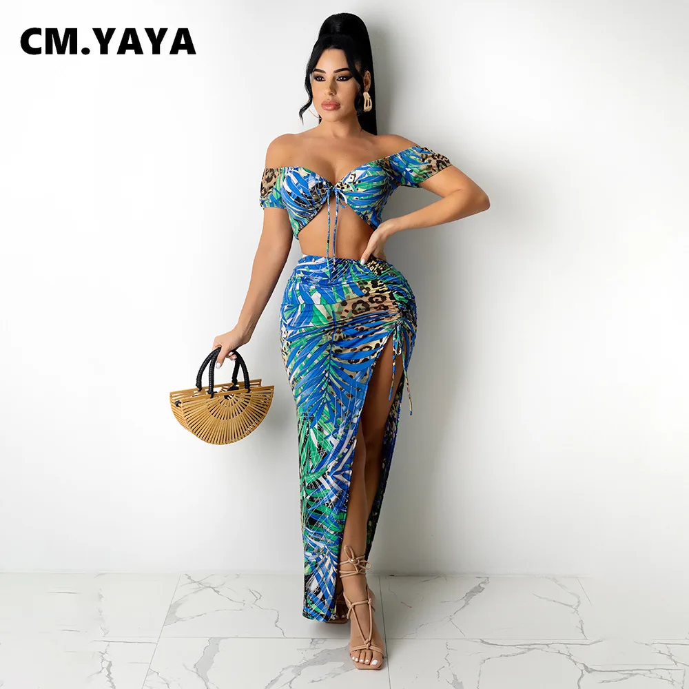 

Женский комплект с юбкой CM.YAYA, бандажный кроп-топ с принтом в виде краски, длинная юбка с складками, комплект из 2 предметов, сексуальная одеж...