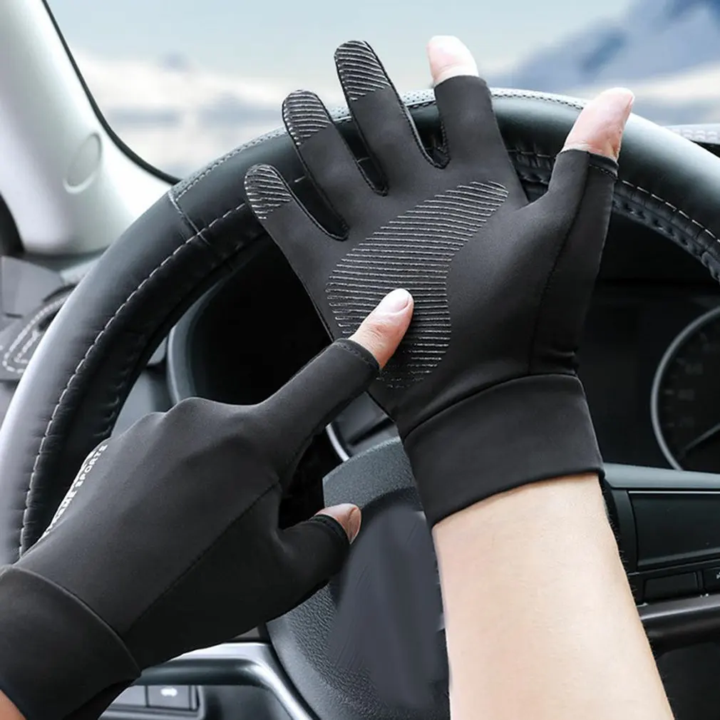 

1pair Men Summer Ice Silk Sun Proction Driving Nonslip Breathable Thin Fingerless Cycling Fishing Two Half Fingers Women Gloves