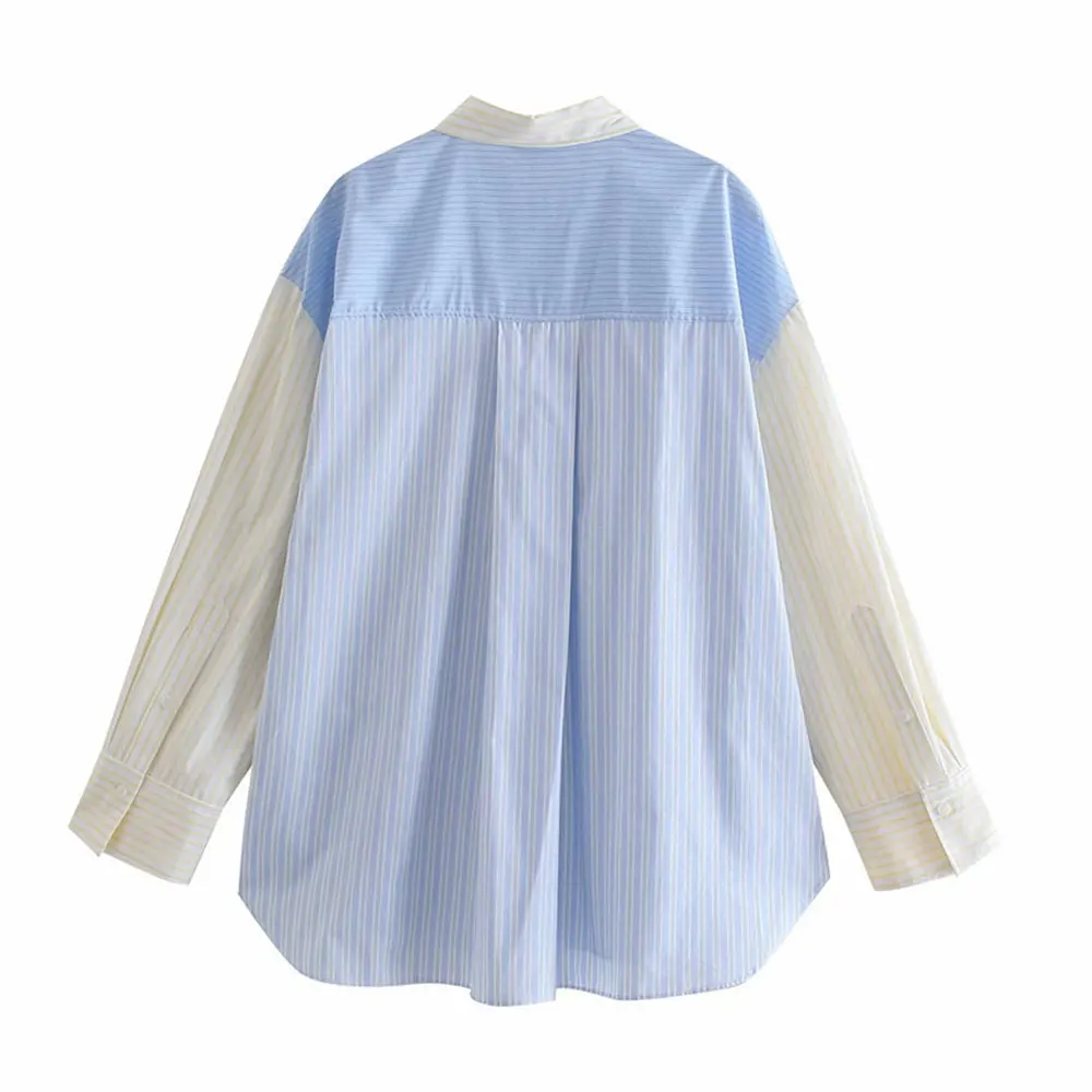

Gentillove Polo Neck Casual Elegant T-Shirt Stripe Patchwork Preppy Style Loose Hit Color Button Basic Regular Straight Blouse