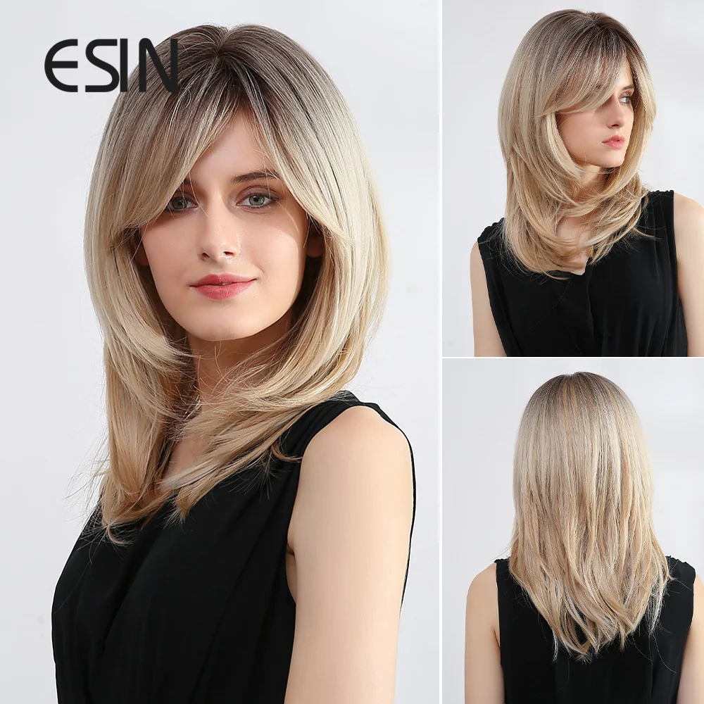 

ESIN Ombre Blond Brown Grey Wig Party Daily Natural Wave Wigs for Women Side Part Synthetic Hair with Bangs Free Hairnet