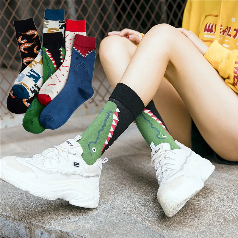 

Autumn Winter Street Hip-hop Trendy Cotton Socks Mid Tube Crocodile Harajuku Women Men Cartoon Print Socks ins Skateboard Sock