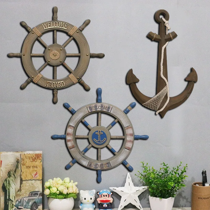 

80cm Wood Mediterranean Ship Wooden rudder helm Ship Anchor antique home decor wall decoration vintage room decor accessories