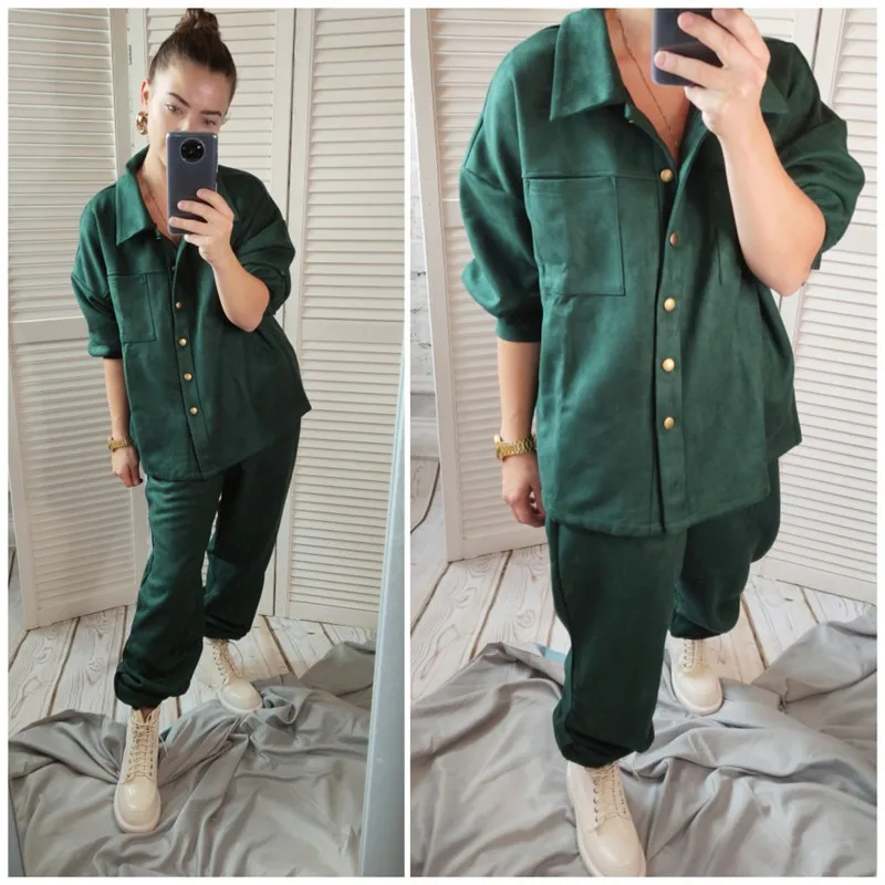 

Women Set 2021 Simple Fashion Solid Color Long Sleeve Shirt and Pants Two Piece Set Women's Solid Color Casual Suit Donsignet