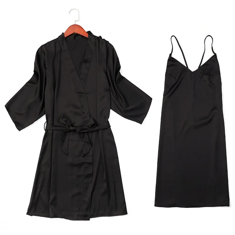 

Spring Summer Women Satin Robe & Gown Sets Sexy Lace Sleep Lounge Sleeveless Sil Nightwear Bathrobe+Nightdress