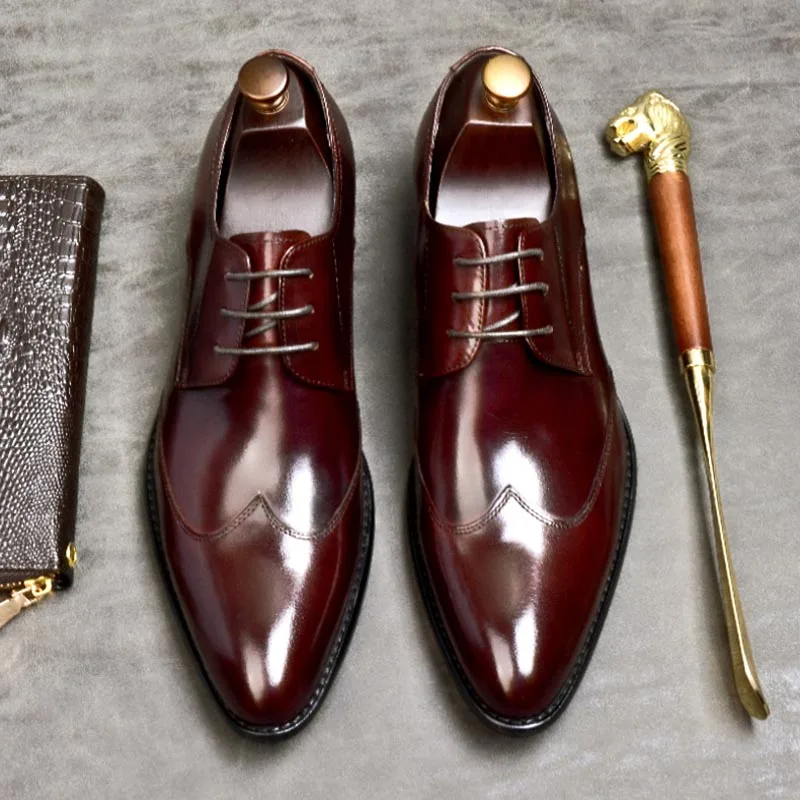 

Genuine Leather Lace Up Pointed Toe Office Classic Derby Shoes British Business Dress Wedding Party Oxfords Shoes For Men A69