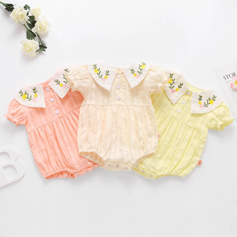 

2021 New Baby Girl Clothes Baby Girl Rompers Flower Embroidery Doll Collar Short Sleeve Baby Rompers Cute Princess Clothes 0-18M