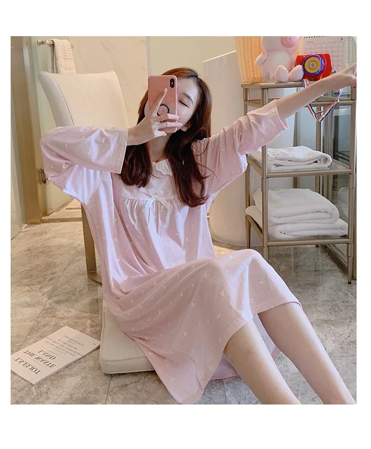 Spring Autumn Casual Plaid Cotton Nightgowns for Women Long Sleeve Loose Night Dress Home Dress Sleepwear Nightdress Nighty