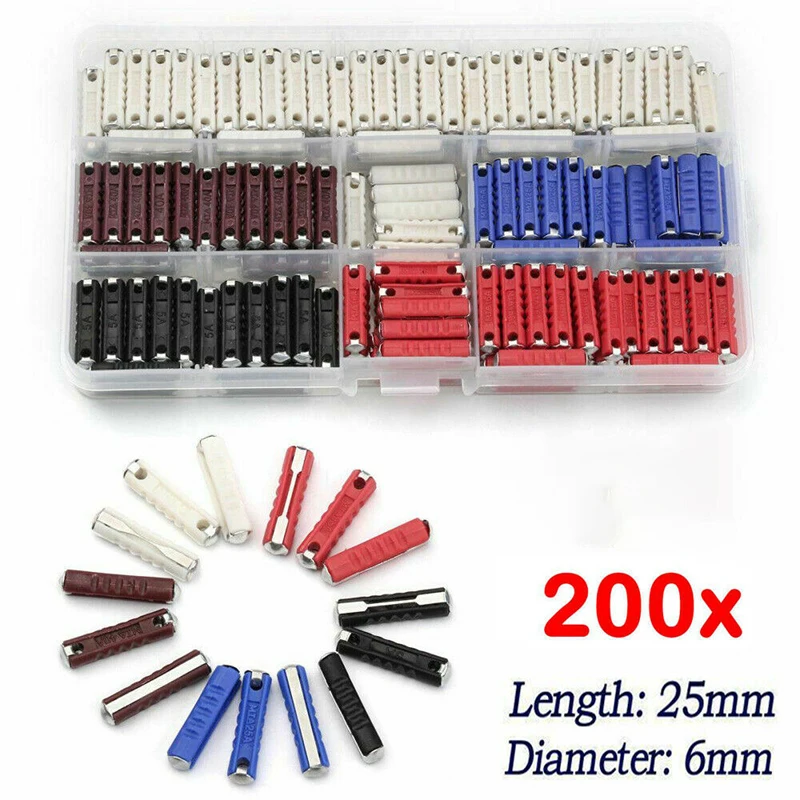 

200pcs Automotive Electrical Fuses Tractor Car Ceramic Torpedo Fuses Set 5A 8A 16A 25A 40A Assortment With Case