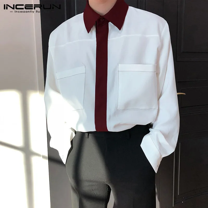 

Рубашка INCERUN мужская с карманами, сорочка с длинным рукавом и отложным воротником, модная сорочка в стиле пэчворк, элегантная на пуговицах