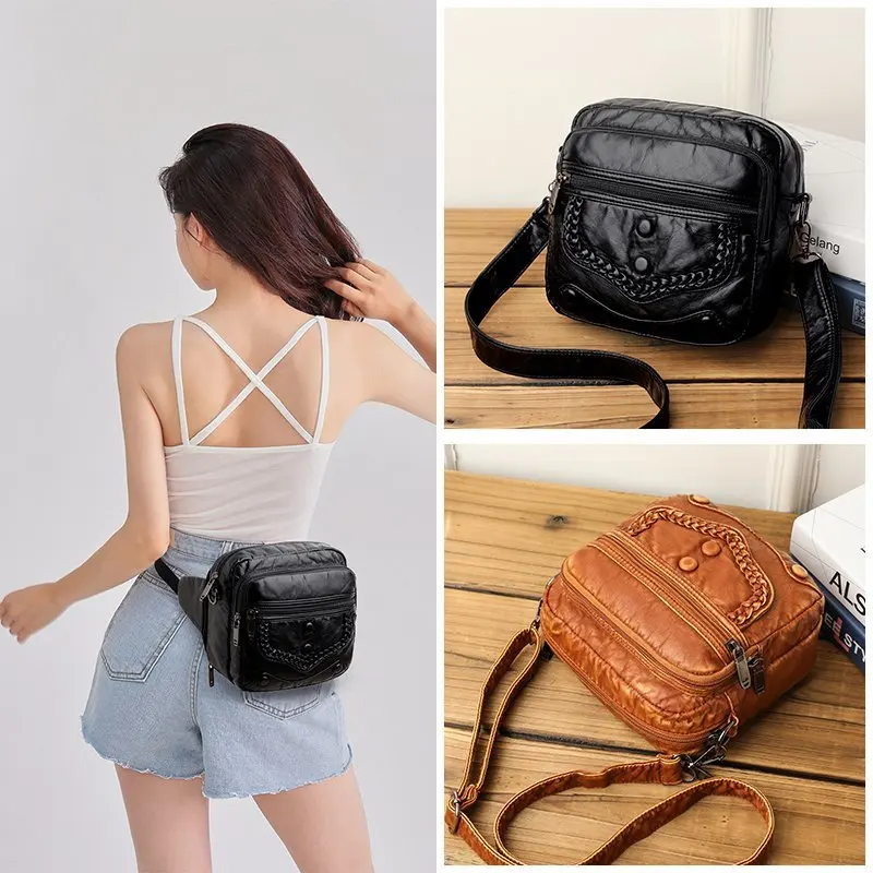 

Simple Women Handbags Soft Small Bag Retro Mobile Phone Bag Messenger Cross Body Bags Double Zipper Girls Purses Bolsos Mujer