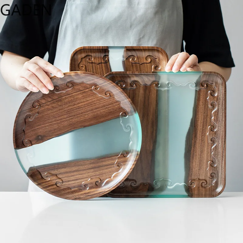 

Black Walnut Resin Tea Tray Rectangular Tray Household Tray Solid Wood Coffee Table Decoration Accessories Tea Set Supplies