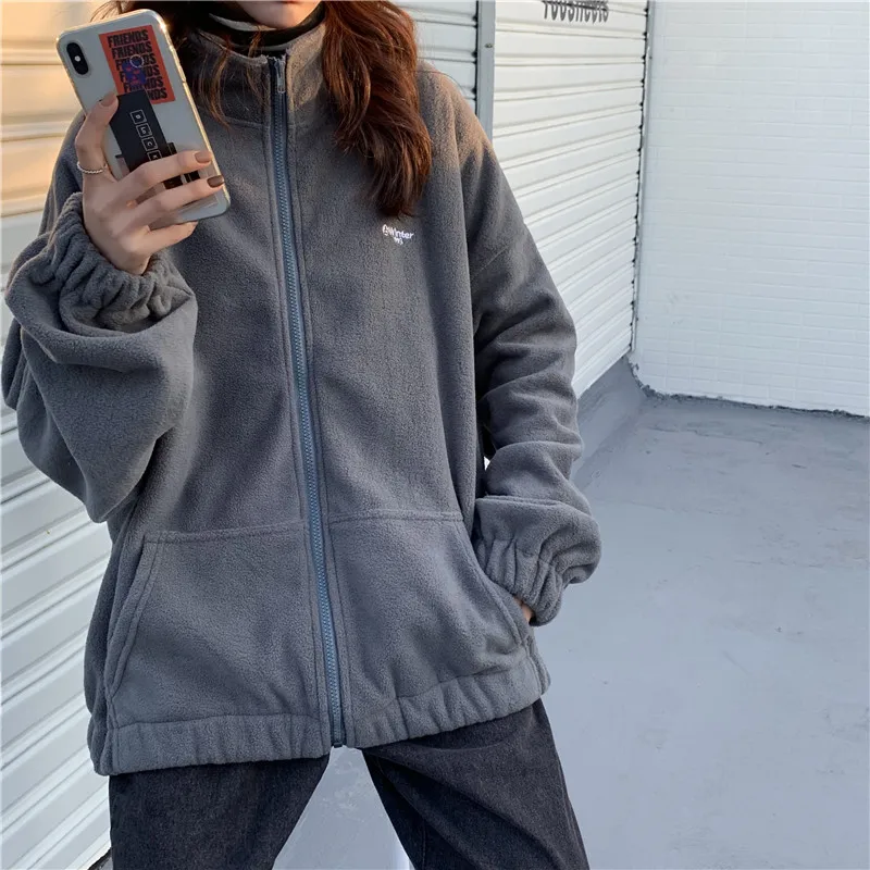 

Women Plus Fleece Hoodies Autumn Streetwear Zip-up Oversize Sweatshirt Jacket Trendy Solid Pocket Turn-down Collar Women Outwear