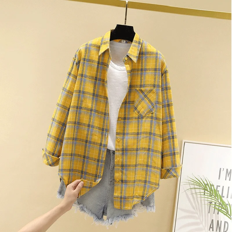 Plus Size 3XL Long Sleeve Plaid Shirts Women 2021 Spring Casual Loose Plaid Overcoat Oversize Turn Down Collar Top Blouse Shirt  - buy with discount
