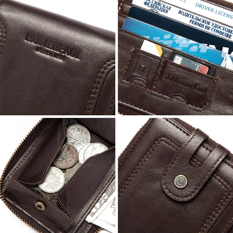 

RFID Bifold Men's Cowhide Leather Zip Around Wallet Vintage Travel Multi Card Holder Purse