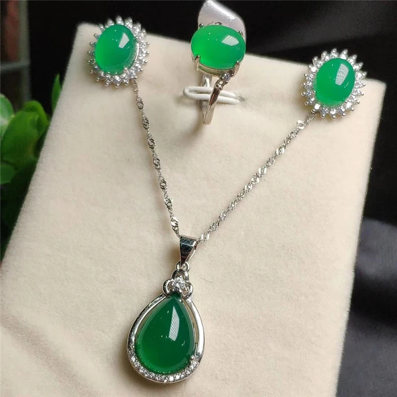 

LETSFUN 3pcs 925 Sterling Silver Natural Green Jade Gemstone Pendant Necklace Bracelet Earrings Women Jewelry Set