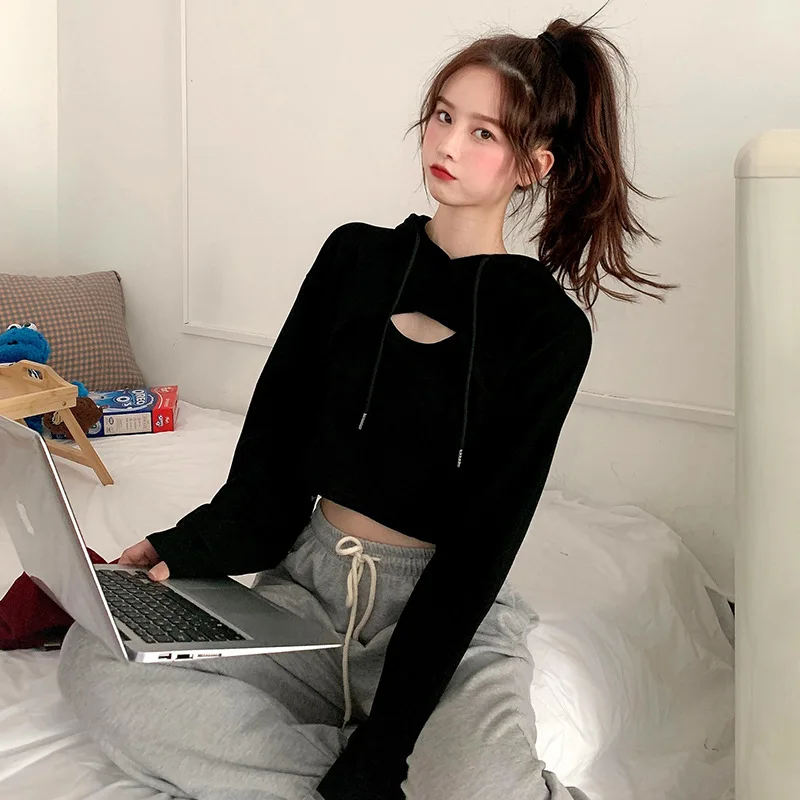 

2PCS Vest+Top Long Sleeve Grey Cropped Hoodie Women Autumn Winter Pullover Short Sweatshirt PlushCotton Sweatshirt