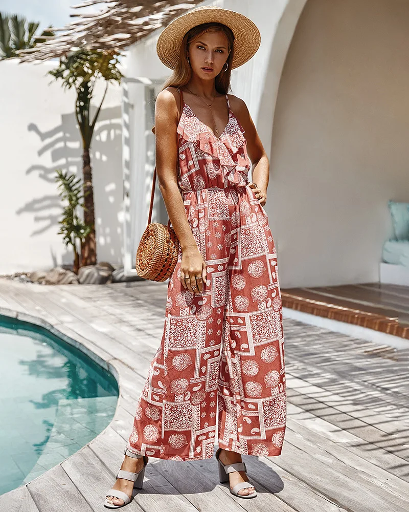 

Summer Suspenders Print Jumpsuit 2020 Fashion Ruffles Jumpsuit Women Beach Bohemian Clothes Casual Pants strand jurkjes