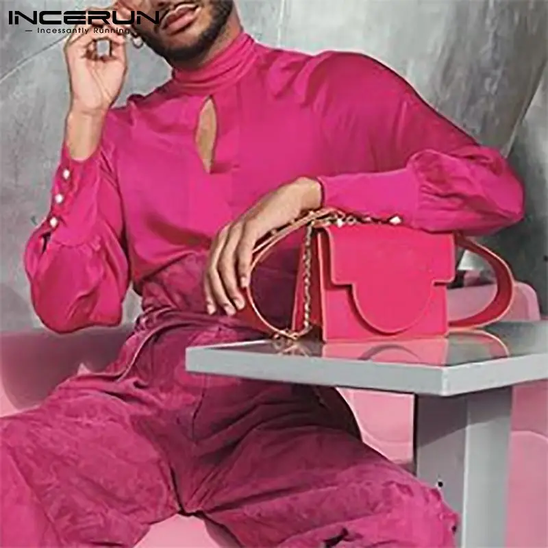 

Модная мужская рубашка с высоким воротником, однотонная, с длинным рукавом, уличная одежда, с вырезами, мужская одежда 2021, сексуальные повсе...