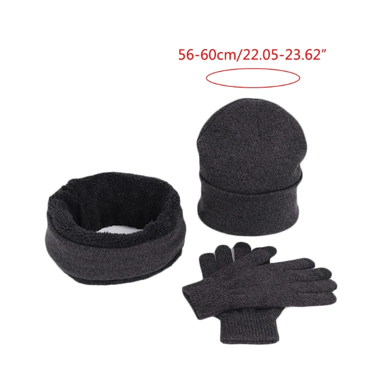 

Unisex 3Pcs Winter Beanie Hat Circle Scarf Touch Screen Gloves Set Solid Color Knit Plush Lined Skull Cap Neck Warmer
