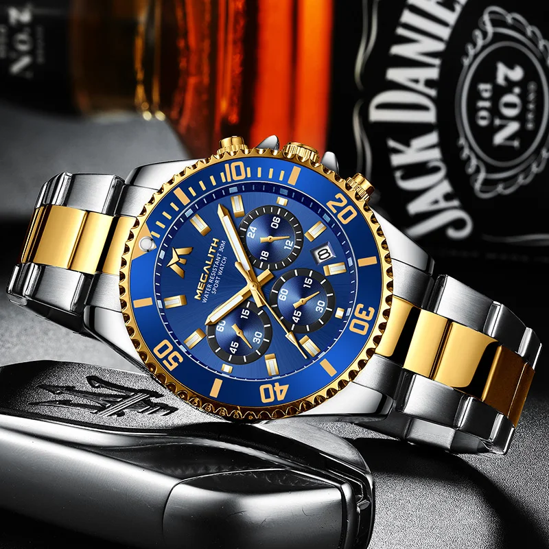 MEGALITH Роскошные Брендовые Часы Мужские Аналоговые стальные спортивные часы