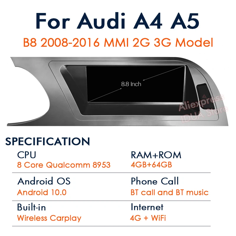 구매 안드로이드 10 무선 카플레이 4 + 64GB 아우디 A4 A5 B8 8K 2008 ~ 2016 차량용 멀티미디어 플레이어 MMI 2G 3G GPS 네비게이션 스테레오 BT 와이파이