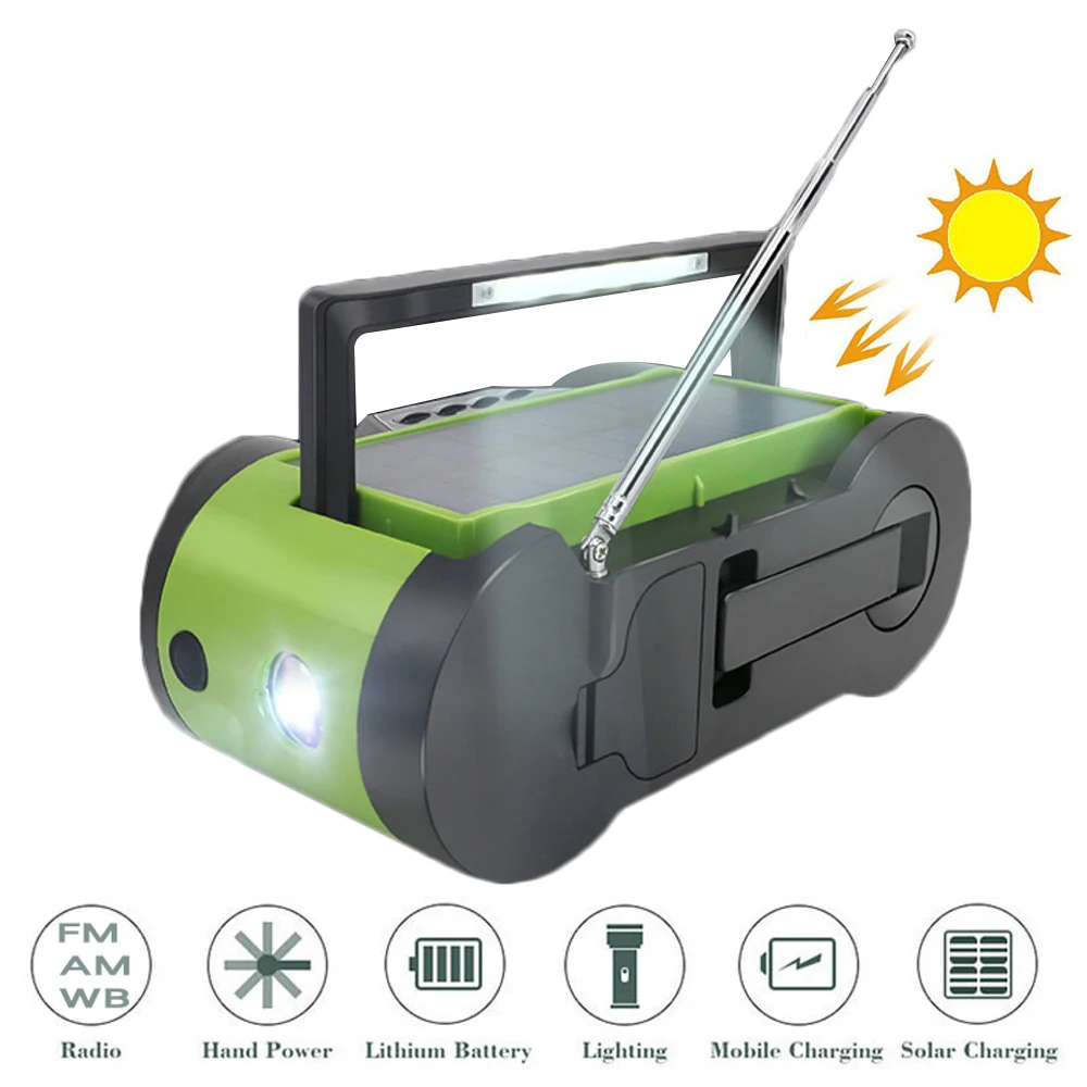 

Светодиодный фонарик, перезаряжаемый Солнечный радиоприемник, аварийный AM/FM погода с внешним аккумулятором 2000 мАч, ручной кривошипный свет...