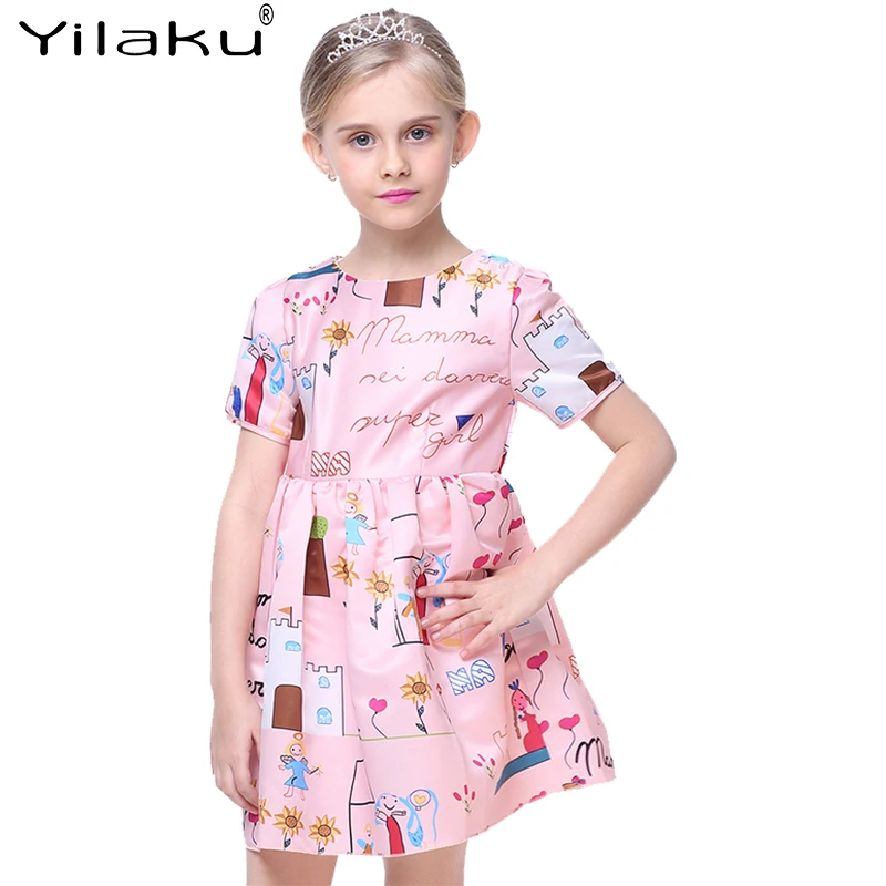 Летняя одежда для девочек Yilaku платья с коротким рукавом мультяшное платье