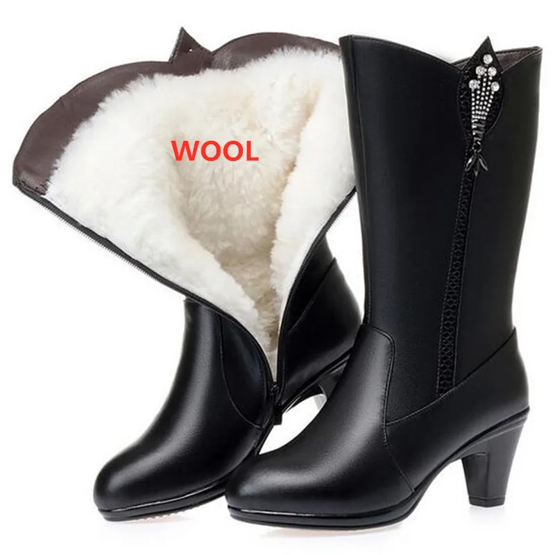 

New Fashion Genuine Leather Rhinestone Shoes In-tube Boot Women Boots Large Size High Heel Warm Plush / Wool Boots Snow Boots