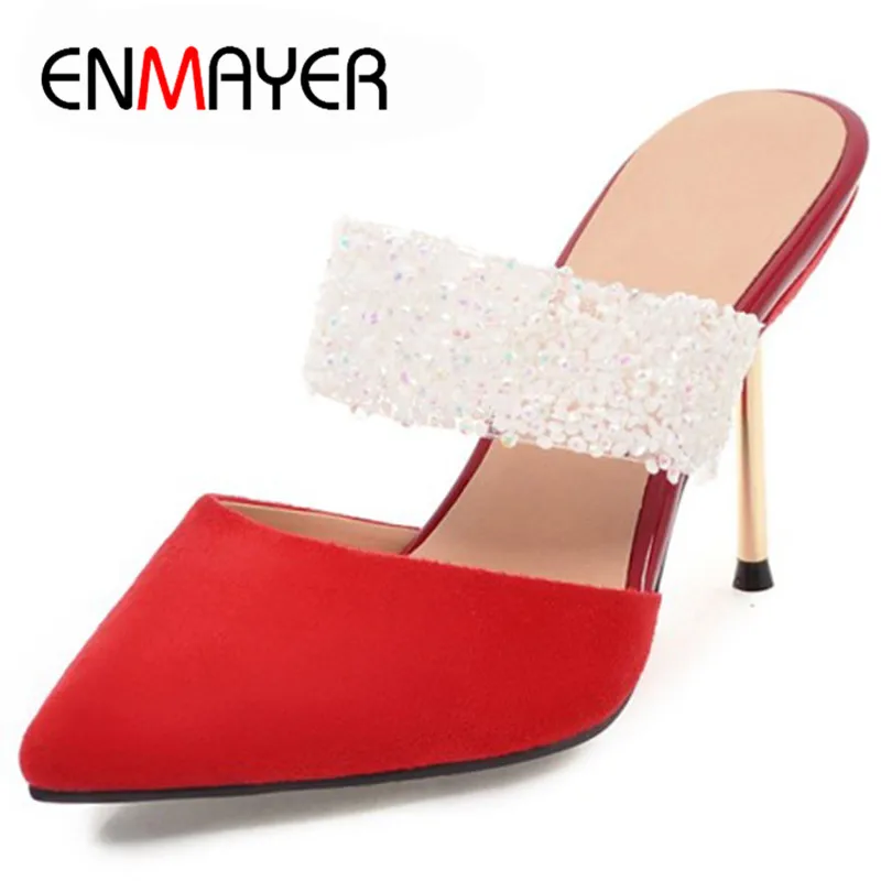 

ENMAYER/летние женские пикантные босоножки на высоком каблуке черные, красные свадебные туфли с закрытым носком женские босоножки, размеры 34-43