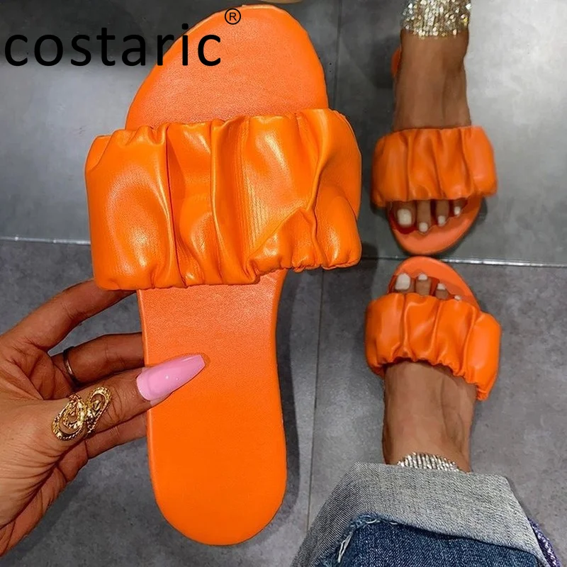 

New Orange Pleated Peep Toe Women Slippers Fashion Outdoor Elegant Women Summer Shoes Flat Solid Color PU Slides Women 2021