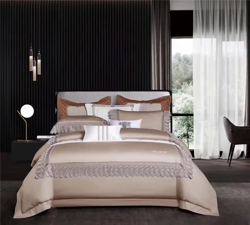 

Chic Feather Lace Grey Duvet Cover Set 1000TC Egyptian Cotton Bedding set Soft Bed sheet/Linen Pillowcase Queen King size JPcs