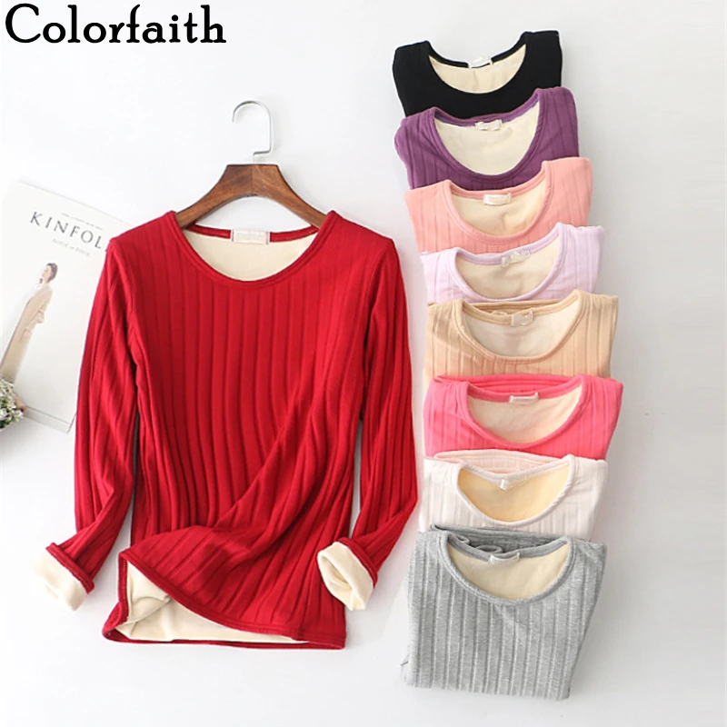 

Colorfaith New 2021 Women's Autumn Winter T-shirt Bottoming Thicken Warm Basic Korean Fashionable Wild Lady Pink Tops T053AB
