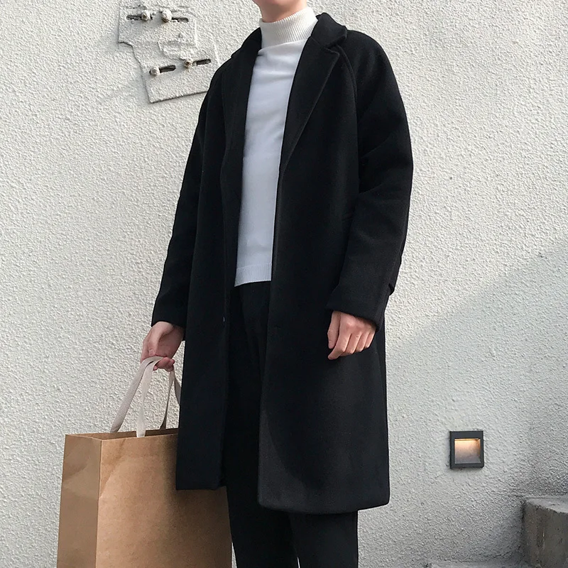 Длинное шерстяное пальто для мужчин модная однотонная Повседневная куртка с