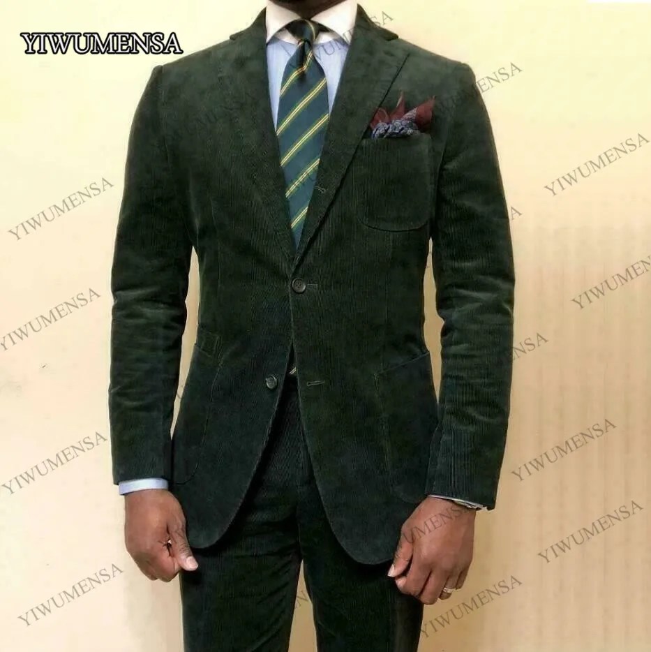 

Formal Green Corduroy Men's Suits Groom Tuxedos Wedding Prom Party 2 Pieces Blazers&Pants 2021 Custom Made Male Terno Masculino